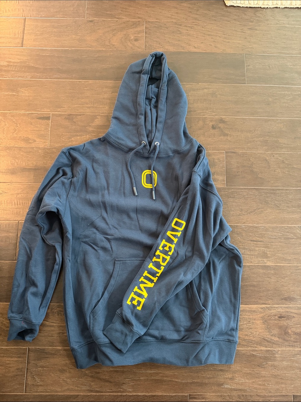 Navy Pullover Hoodie with Yellow 'OVERTIME' Sleeve Print - Picture 1 of 1